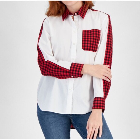 Nautica Jeans Womens Colorblocked Check Button Up Shirt Bright White Size XL NWT - Picture 1 of 4